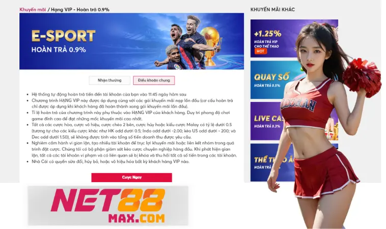 Net88 cược E-sport hoàn trả 0.9% cho hạng Kim Cương
