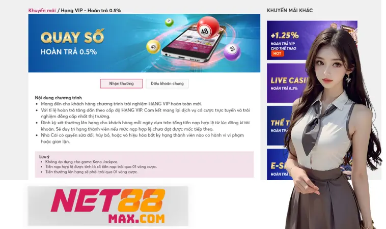 Net88 quay số hoàn trả 0.5% cho hạng nào?