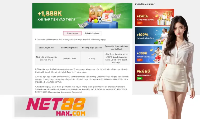 Net88 tặng tiền thứ 5 hàng tuần áp dụng cho cược thủ hoàn tất 15 vòng cược